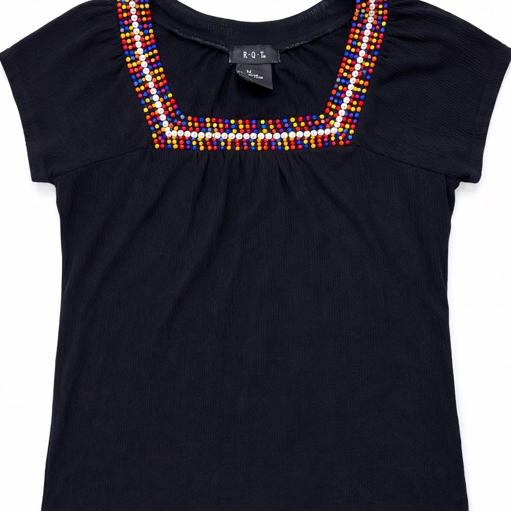 R.Q.T Black Multicolor Beaded Neckline Blouse Embellished Top Women’s M